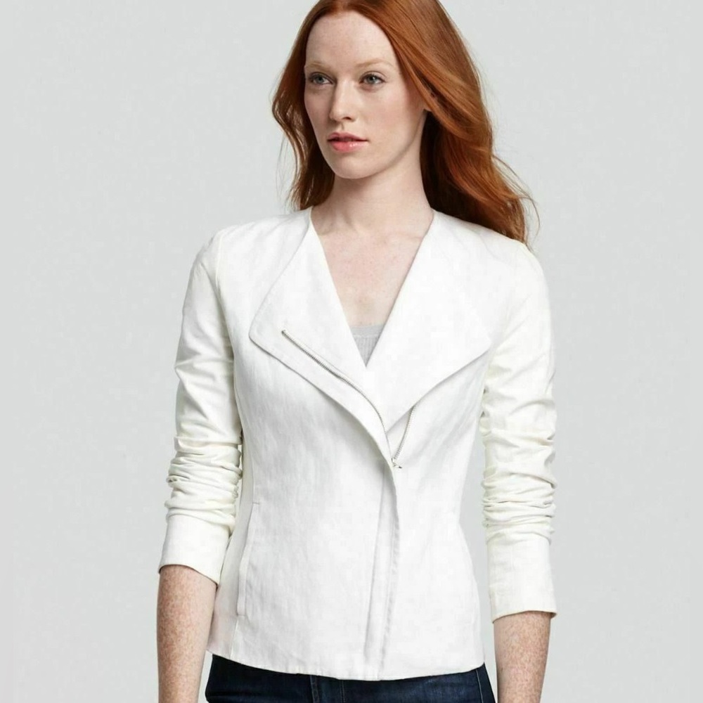 Vince Asymmetrical Zip Ivory Cotton Textured Long Sleeve Moto Jacket Size XS